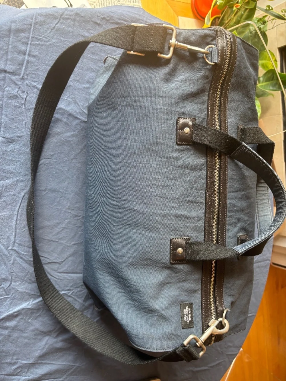 J Crew Warren Street Weekender Duffle Bag. Navy Canvas with Brown leather base